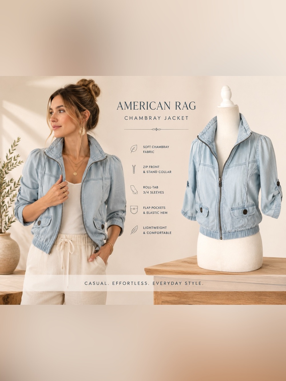 American Rag Light Wash Chambray Jacket Small Zip Front Utility Roll Tab Sleeve